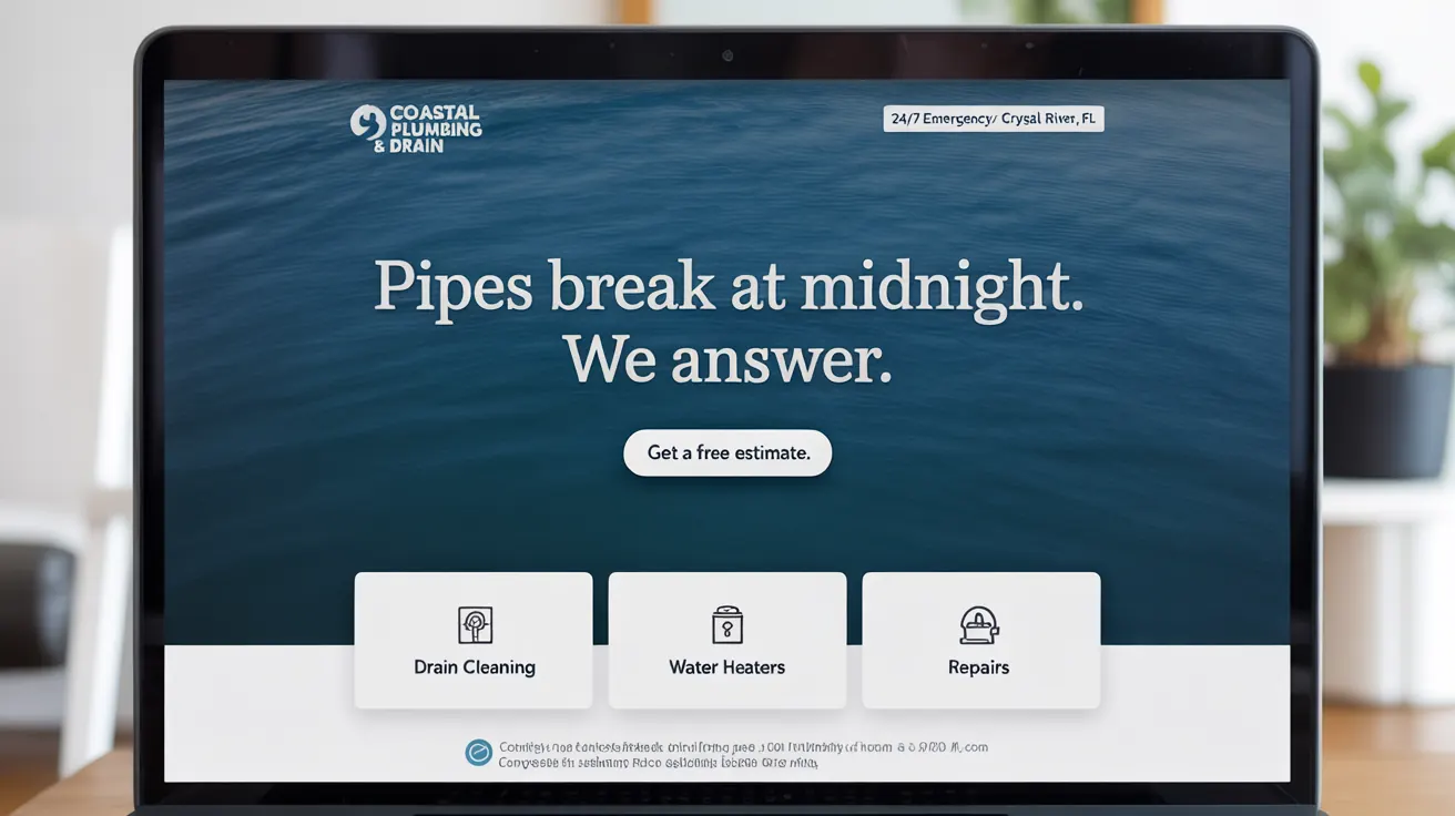Coastal Plumbing & Drain website — bold deep-blue hero with 24/7 emergency service messaging and three service tiles