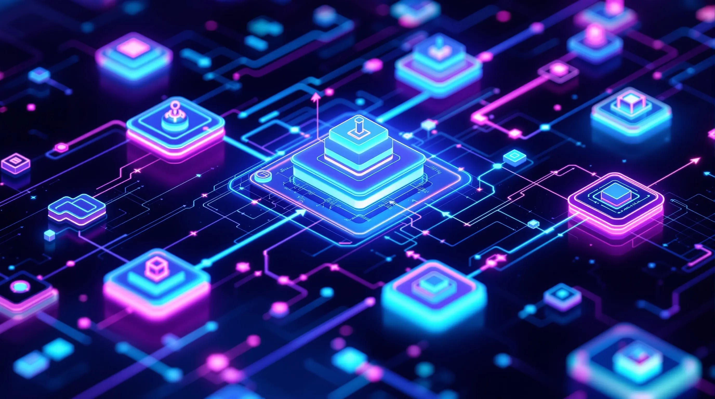 Glowing isometric workflow diagram with connected nodes, holographic dark space