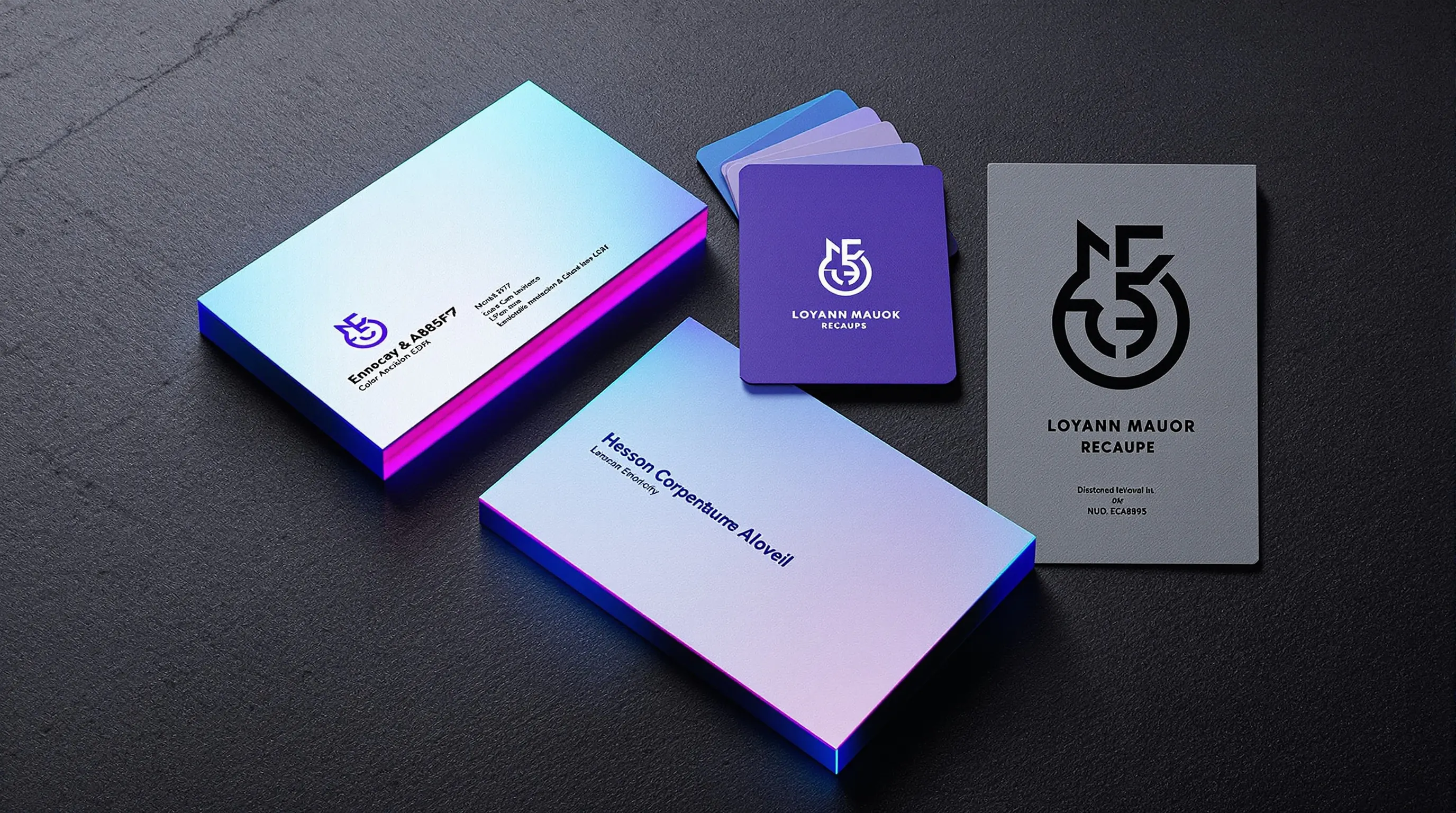 Flat-lay of branded design assets — business cards, color swatches, logo mark — on dark slate
