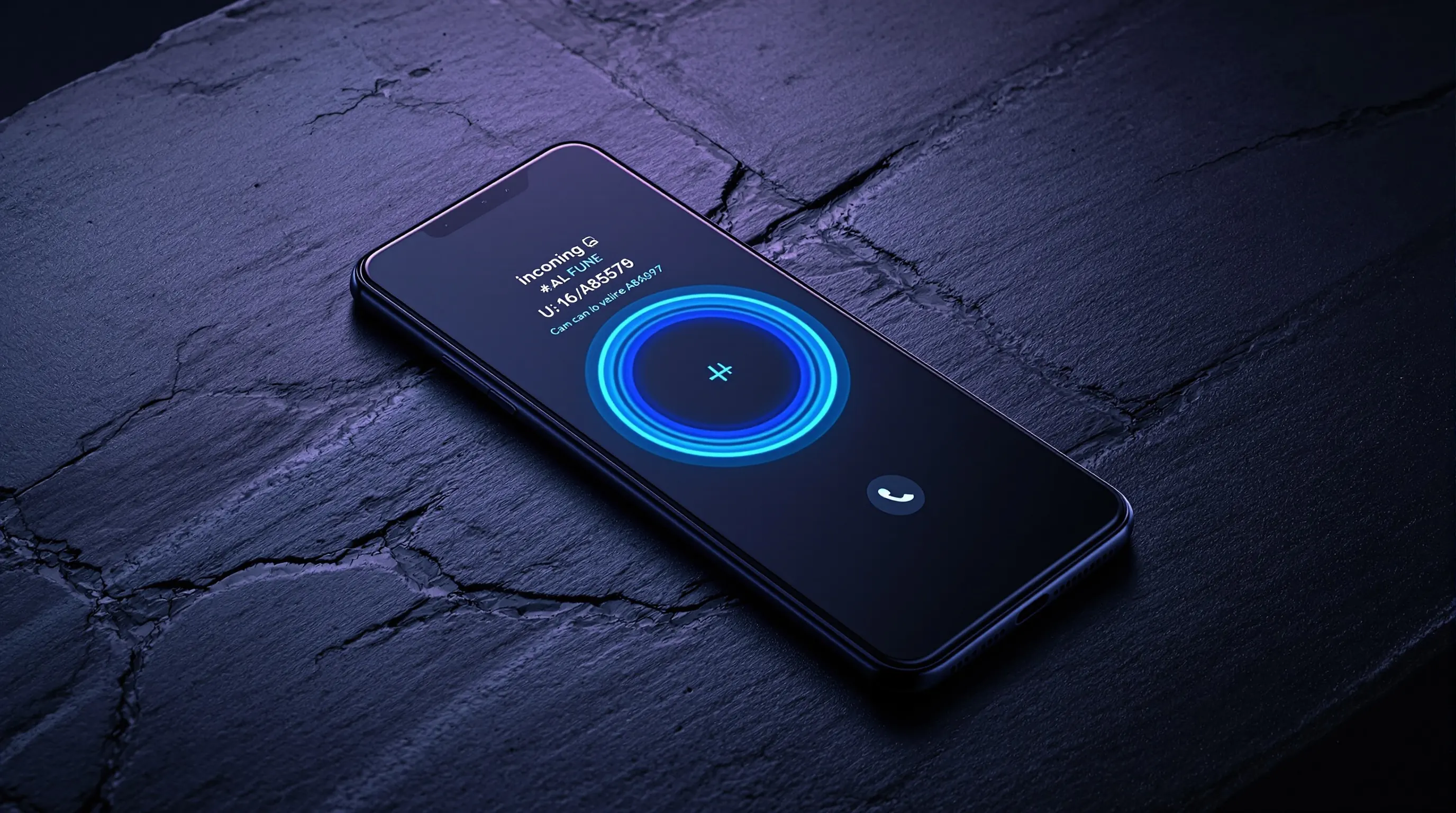 Phone displaying minimal AI call interface, dark moody product photography